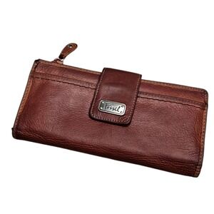 Fossil Leather Wallet Brown Floral Interior Zip‎ Around Clutch Bifold Womens